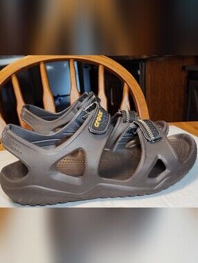Men's CROCS Open-Strap Sport or every day Sandals. Brown with Yellow Logo. EUC.